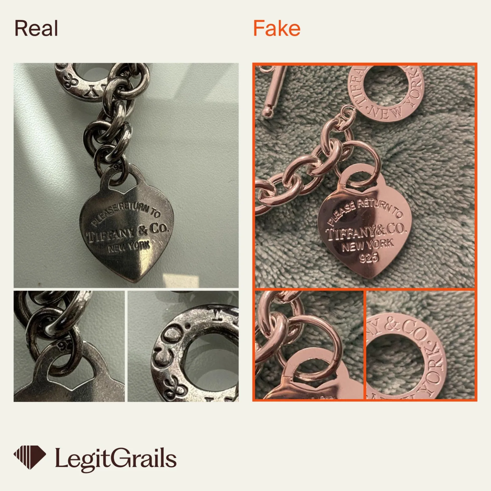 Real vs fake Return to Tiffany necklace material and metal comparison