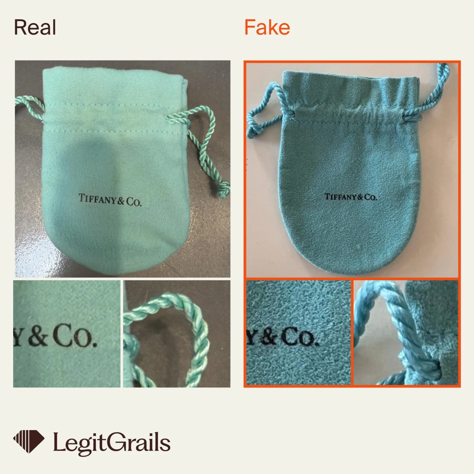 Real vs fake Return to Tiffany necklace pouch comparison