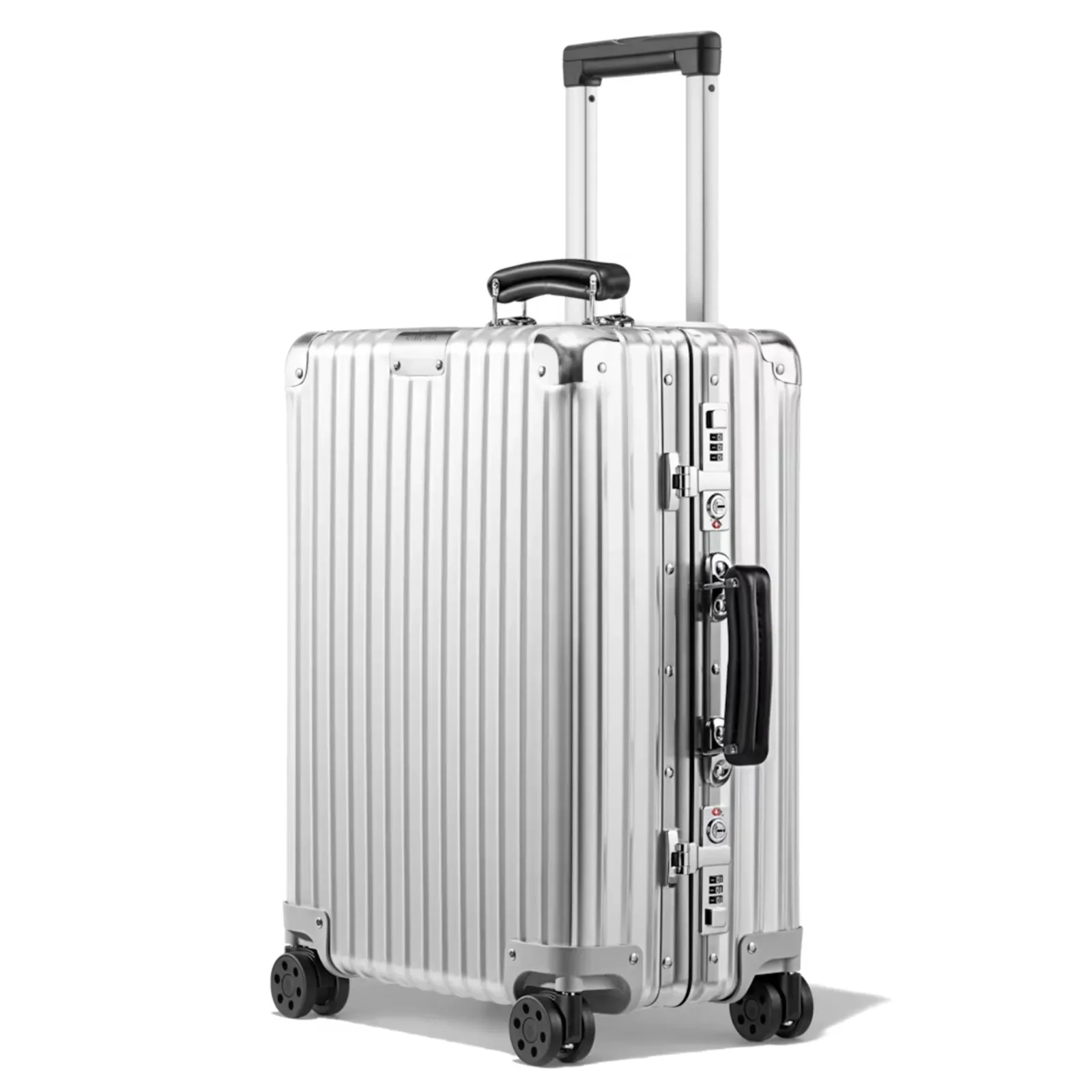 Silver Rimowa Classic Cabin suitcase with black handles, wheels, and combination locks.